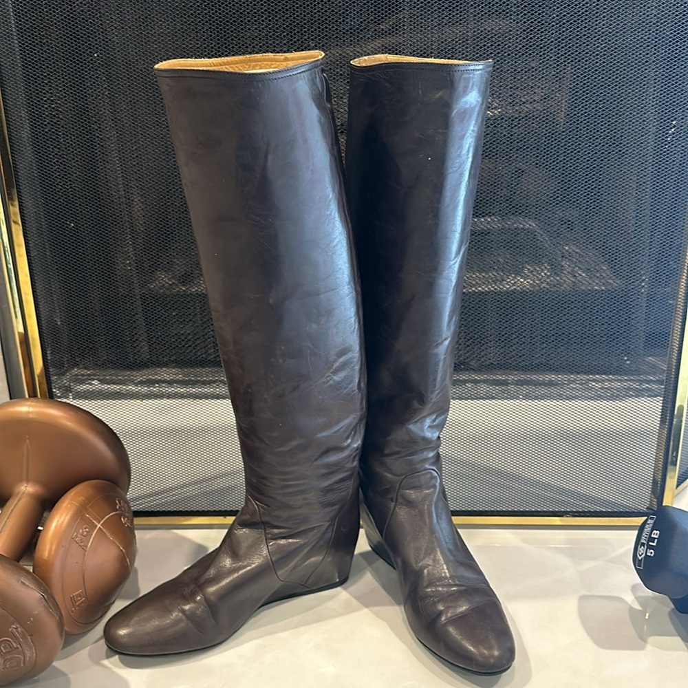 LANVIN BROWN LEATHER WEDGE BOOT SIZE 37.5